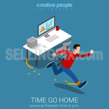 Flat 3d isometric style time go home business concept web infographics vector illustration. Man worker braking chains running out. Creative people collection.