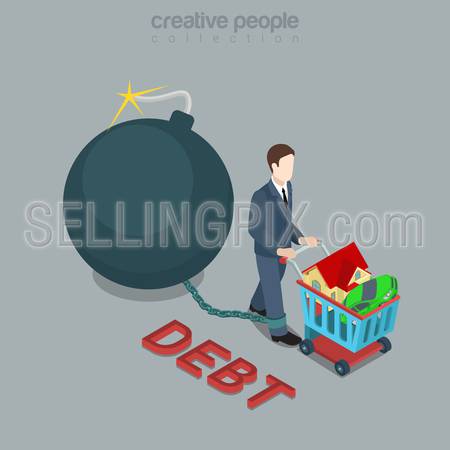 Flat 3d isometric style debt bomb concept web infographics vector illustration. Man drive wheel shopping cart and burning sphere bomb wick chained to leg. Creative people collection.