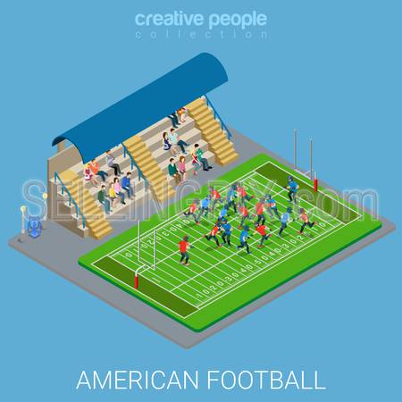 Flat 3d isometric style american football stadium arena concept web infographics vector illustration. Team sports play playground match. Creative people collection.
