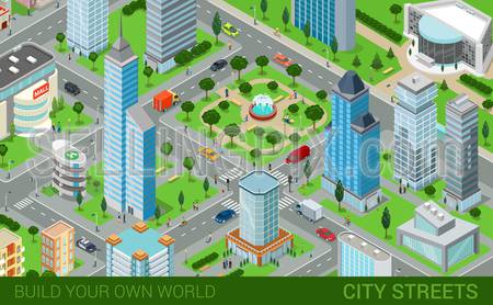 City block streets transport blocks concept. Modern trendy flat 3d isometric infographics. Street buildings cars vans ice cream square park fountain business center park. Build your own world.