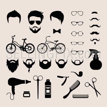 Flat style set of male hipster haircut mustache glasses beard barber shop icons vector illustration. Barbershop hair cut mobile app application software interface element object template.