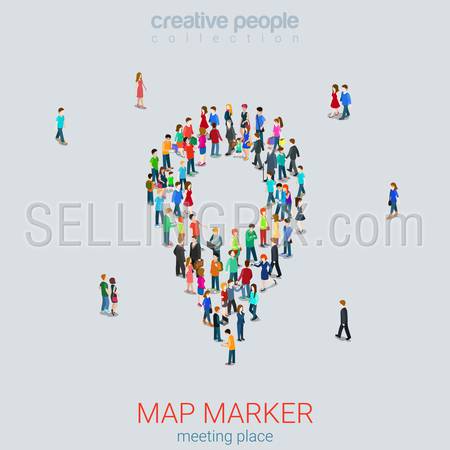 Map pin sign shape casual micro people crowd flat 3d web isometric infographic concept vector. Creative people collection.