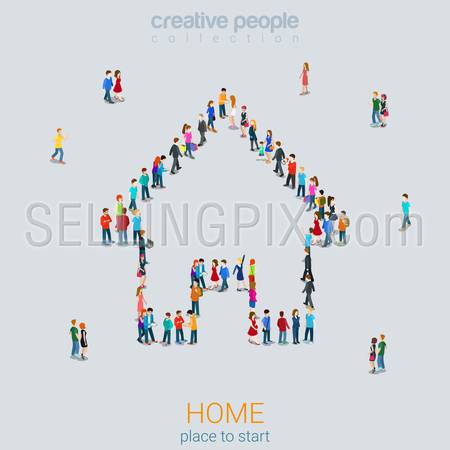Home sign shape casual micro people crowd flat 3d web isometric infographic concept vector. Creative people collection.