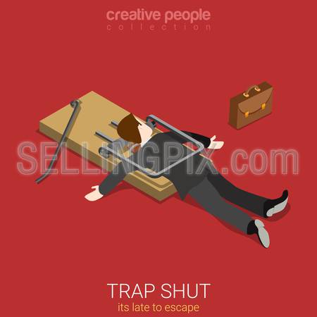 Flat 3d isometric style business lifestyle fall into trap concept web infographics vector illustration. Isometry businessman shut in trap lake to escape. Creative people collection.