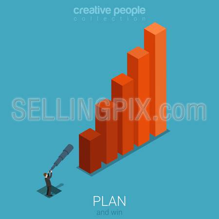 Flat 3d isometric style business plan forecast stats concept web infographics vector illustration. Bar graphic and micro businessman with spyglass looking into future. Creative people collection.
