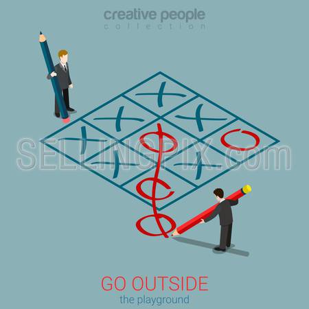 Flat 3d isometric style go outside playground plan rules concept web infographics vector illustration. Micro businessmen playing tic-tac-toe zero out of field. Creative people collection.
