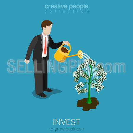 Flat 3d isometric style invest concept web infographics vector illustration. Businessman watering plant with dollar leaves. Creative people collection.