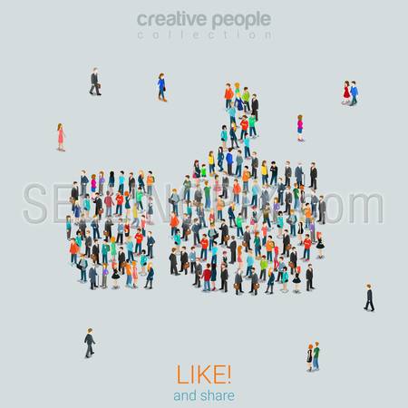 Flat 3d isometric style like thumbs up crowd social media content sharing concept web infographics vector illustration. Group of people stand forming big thumb up like sign. Creative people collection