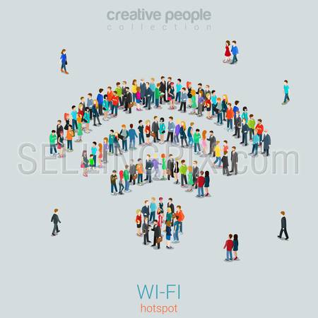 Flat 3d isometric style free public wi-fi hotspot concept web infographics vector illustration crowded square. Crowd group forming WiFi sign shape internet access point. Creative people collection.