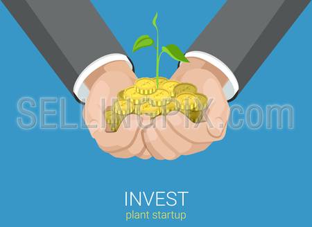 Flat style grow business investment concept web infographics vector illustration. Growing plant in hands handful coins. Creative people collection.