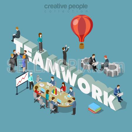 Flat 3d isometric style teamwork concept web infographics vector illustration. Businessmen at meeting table cogwheels and big teamwork word. Creative people collection.