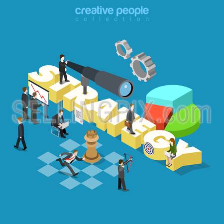 Flat 3d isometric style business corporate company strategy concept web infographics vector illustration. Businessmen spyglass and big strategy word. Creative people collection.