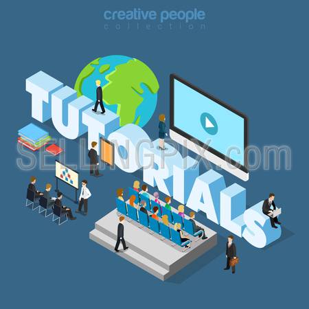 Flat 3d isometric style business tutorial online education training coaching concept web infographics vector illustration.Businessmen in class and big tutorials word. Creative people collection.