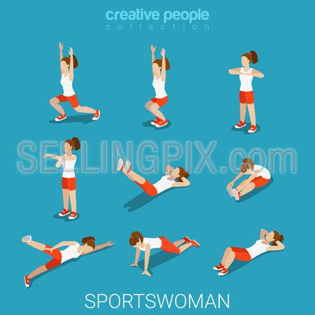 Flat 3d isometric style sportswomen male sport concept web infographics vector illustration icon set. Exercise female athlete abstract outdoor. Creative people collection.