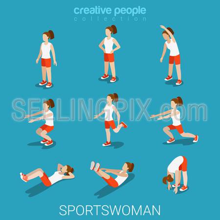 Flat 3d isometric style sportswomen male sport concept web infographics vector illustration icon set. Exercise female athlete abstract outdoor. Creative people collection.