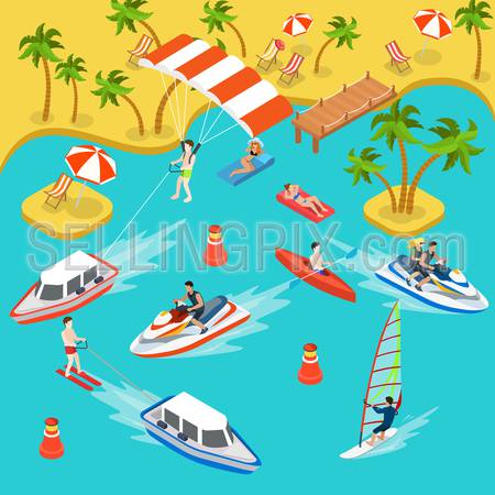 Flat 3d isometric travel tourism tropical beach resort holiday vacation icon set concept web infographics. Sea shore air mattress yacht boat kayak parasailing jetski surf. Creative people collection.