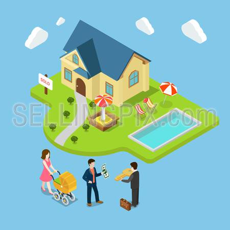 Flat 3d isometric new family house sold real estate business concept web infographics vector illustration. Agent gives key man money mother pram home playground pool. Creative people collection.