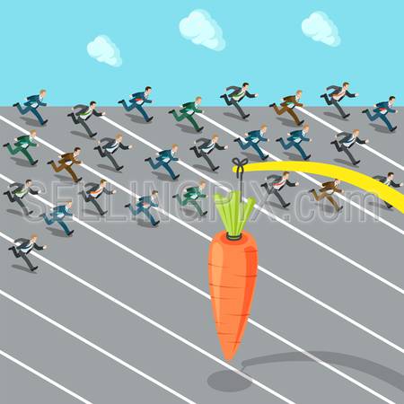 Flat 3d isometric massive lure mass insanity herd instinct social engineering business concept web infographics vector illustration. Businessmen crowd running after carrot. Creative people collection.