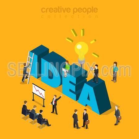 Flat 3d isometric style idea concept web infographics vector illustration. Businessmen meeting report and big idea word. Creative people collection.