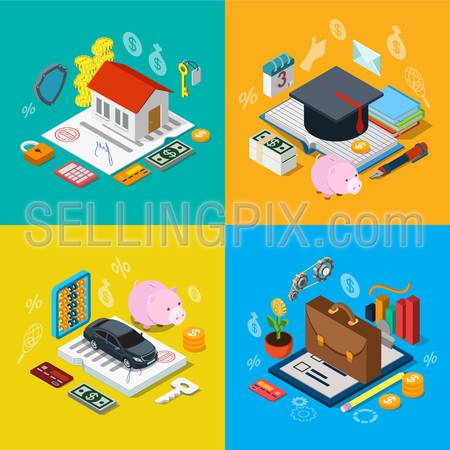 Flat 3d isometric home mortgage tuition fee credit car loan plan equity stock exchange portfolio icon set concept web infographics vector illustration. Financial banking knowledge education estate