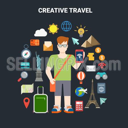 Flat style online travel vacation tourism social media content sharing lifestyle infographics icon set concept. Wi-fi smartphone world places objects Egypt Pyramids Eiffel Tower Liberty Statue.