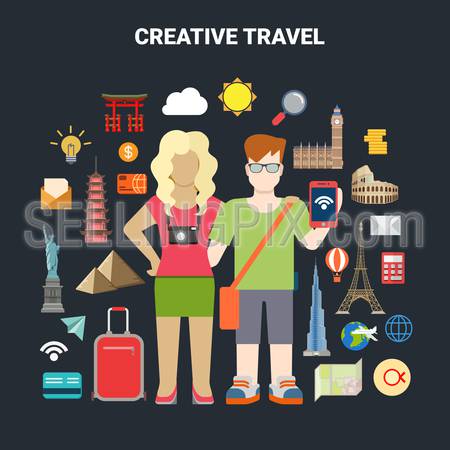 Flat style couple online travel vacation tourism social media content sharing lifestyle infographics icon set concept. Wi-fi smartphone world places objects London Rome Beijing Tokyo New York Dubai.