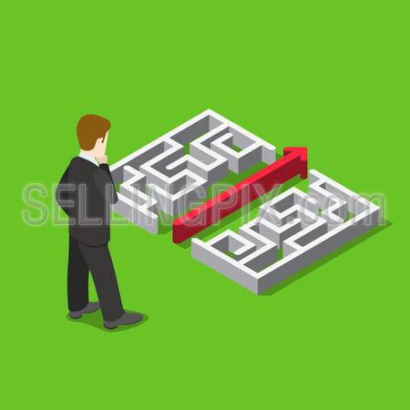 Business maze puzzle solution flat 3d web isometric infographic concept vector template. Businessman before labyrinth and straight line break it. Creative people collection.
