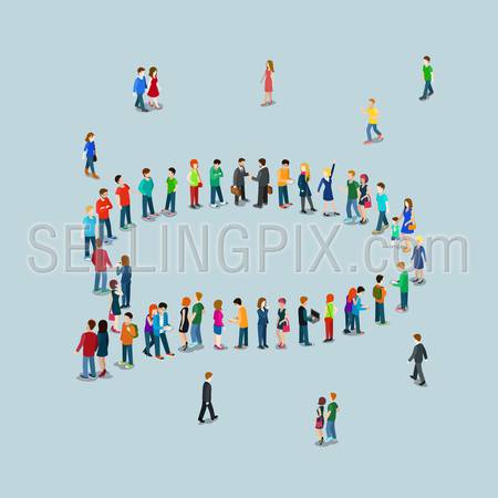 Flat 3d isometric style chat messaging web infographics vector illustration crowded square. Crowd group forming chatting cloud callout sign shape internet access point. Creative people collection.