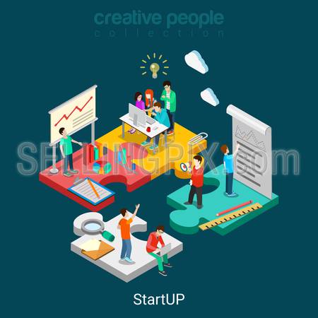 Flat 3d isometric StartUP concept web infographics vector illustration. Puzzle solution idea research report team business planning. Creative people collection.