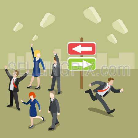 Flat 3d isometric choose your way route concept web infographics vector illustration. Group dancing on the left businessman running out on the right. Creative people collection.