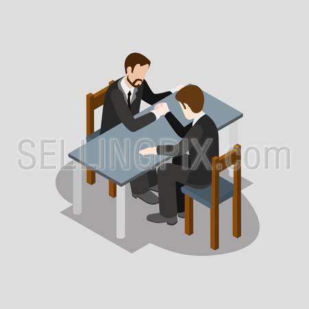 Flat 3d isometric business competition arm wrestling concept web infographics vector illustration. Creative people collection.