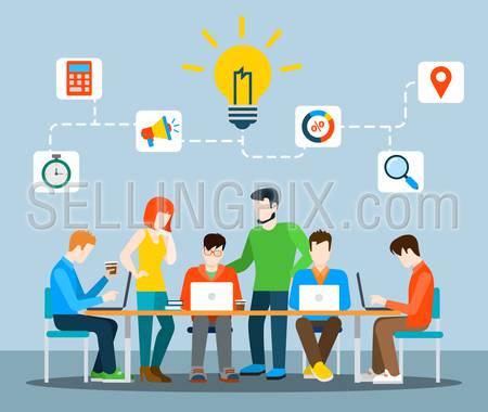 Flat style idea brainstorming creative team concept web infographics vector illustration. Creative people collection. Group of casual young male female working table icon connections.