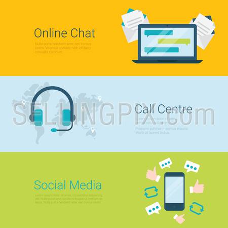 Flat style website slider banner online chat global call center social media concept web infographics. Laptop communication messaging, headphones world map, mobile social network appreciate message.
