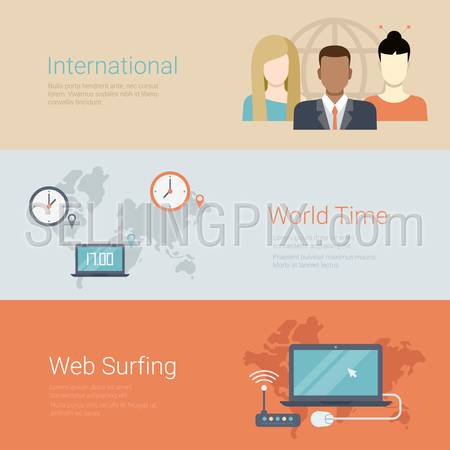 Flat style website slider banner international team world time web surfing concept web infographics. Group of people globe, worldwide clocks, wi-fi router laptop.