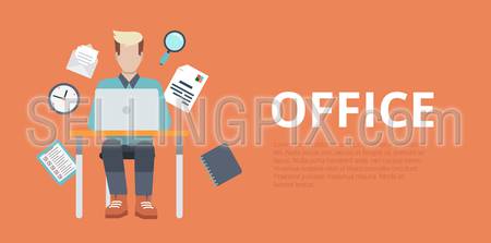 Flat style website slider banner office workplace concept web infographics. Young man sitting table working laptop vector illustration icons.