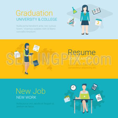 Flat style website slider banner career concept web infographics. Graduation college university, resume job search, new job workplace female conceptual vector illustration.