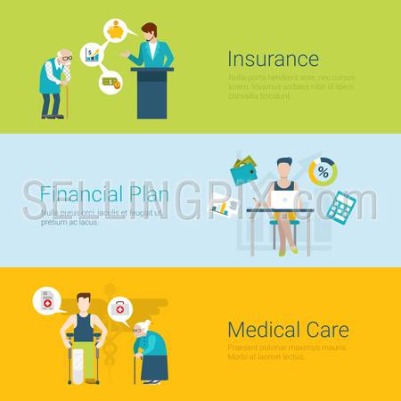 Flat style website slider banner insurance financial plan medical care concept web infographics. Old man and insurer agent, young accountant financial analyst, grannie and patient vector illustration.