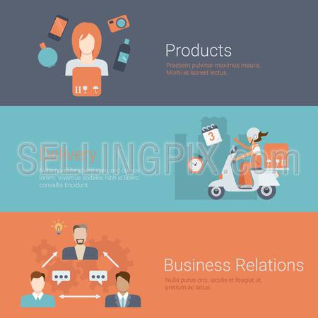 Flat style website slider banner products delivery business relations partnership concept web infographics. Female avatar profile, bike box shipping, businessmen connections vector illustration.