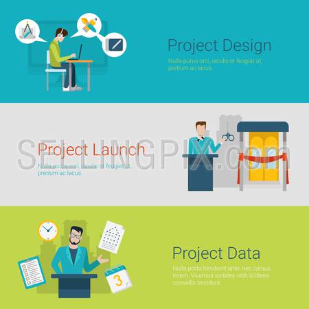 Flat style website slider banner project design launch data concept web infographics. Designer laptop workplace, tribune speaker opening line cut, report speech vector illustration.