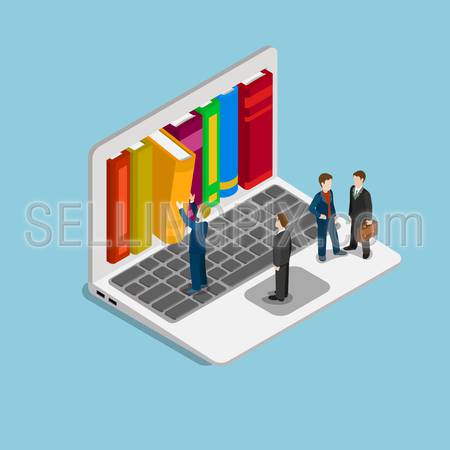 Flat 3d isometric online course education knowledge library concept web infographics vector illustration. Businessman getting book from laptop screen shelf. Creative people collection.