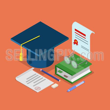 Flat 3d isometric education graduation diploma certificate concept web infographics vector illustration. Graduate cap signed document with stamp book glasses icon collage.