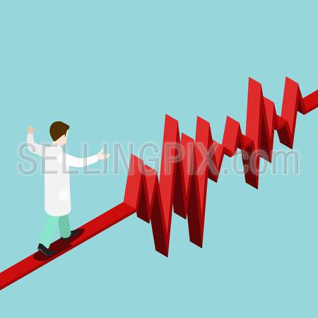 Flat 3d isometric pulse heart rate balance concept web infographics vector illustration. Doctor walk on red pulsation line balancer. Creative people collection.