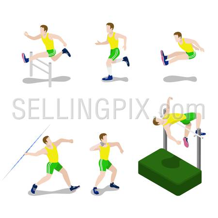 Flat 3d isometric style sportsman male sport concept web infographics vector illustration icon set. Exercise male athlete abstract outdoor all-around rounder. Creative people collection.