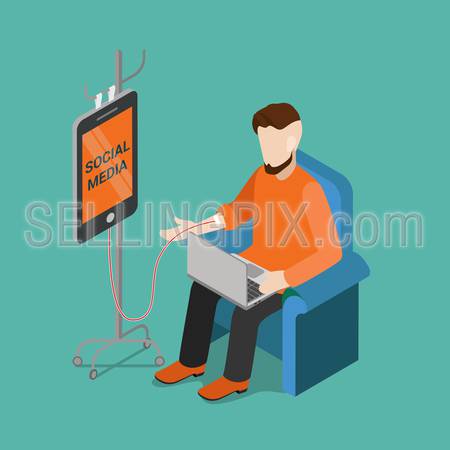 Flat 3d isometric social media technology gadget addiction concept web infographics vector illustration. Young man on chair with laptop and smartphone on drop counter dropper. Creative people collection.