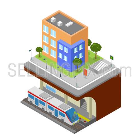 Flat 3d isometric subway underground railway station concept web infographics vector illustration. Creative city block collection.