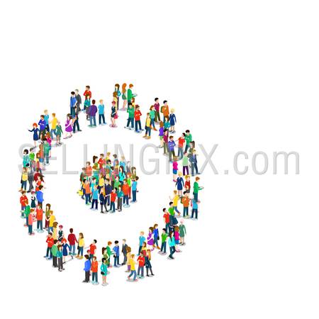 Flat 3d isometric style cogwheel connection social engineering concept web infographics vector illustration crowded square. Crowd group forming cog wheel sign shape. Creative people collection.