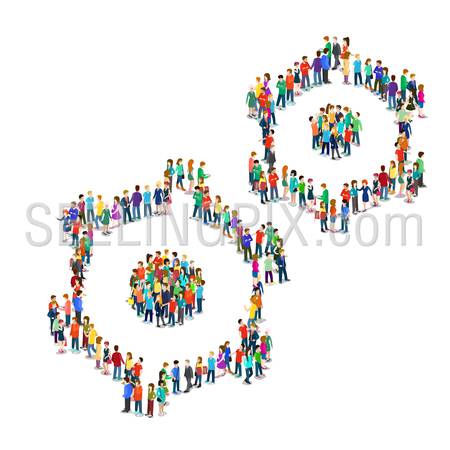 Flat 3d isometric style cogwheel connection social engineering concept web infographics vector illustration crowded square. Crowd group forming cog wheels signs shapes. Creative people collection.