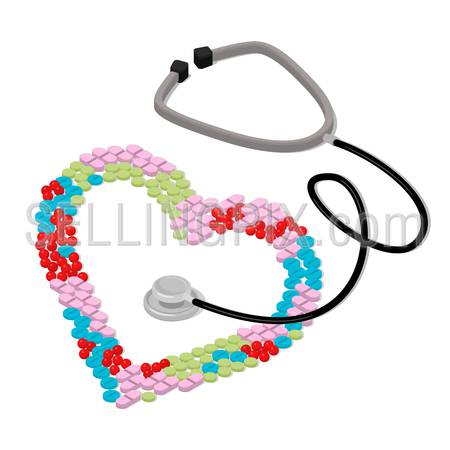 Flat 3d isometric I like to be treated health care medical concept web infographics vector illustration. Heart shape formed with colorful tablet pill stethoscope.