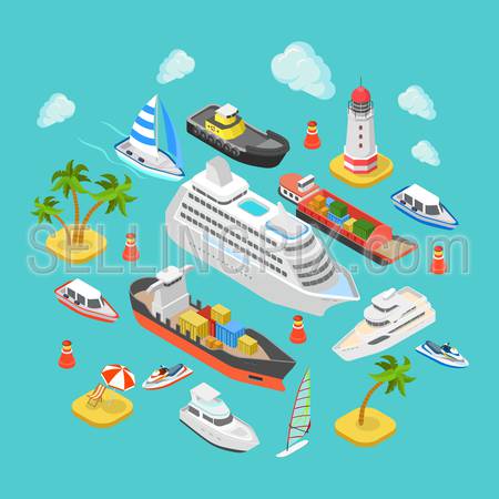 Flat 3d isometric ocean sea nautical water transport logistics concept web infographics vector illustration icon set. Cruise liner container longboat yacht jetski motor boat ship tropical beach island