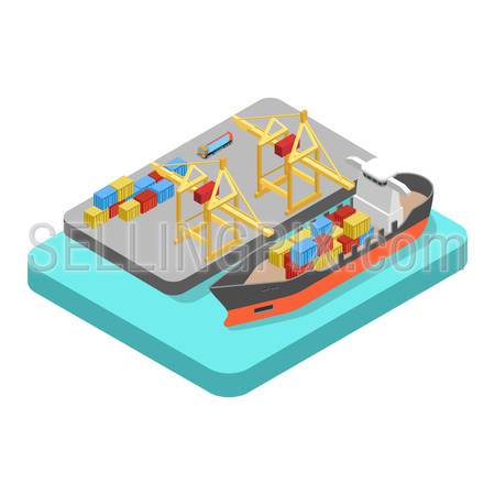Flat 3d isometric nautical transport cargo shipping harbor dock port concept web infographics vector illustration. Container ship barge loading crane marine transportation.